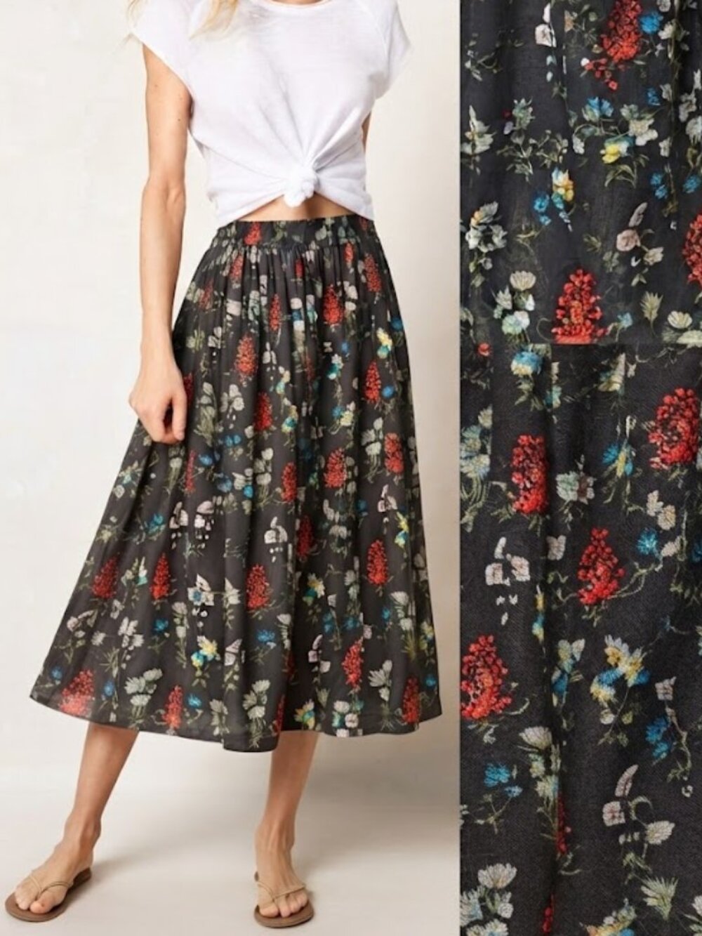 NATURAL LIFE Charcoal Floral Midi Skirt Sz S Cottage Boho Dark Romantic Fairy